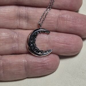 Silver Crescent Moon With Marcasite Pendant Necklace 15.25" With 2.25" Extender